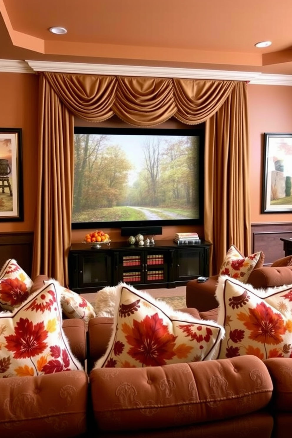 A cozy home theater adorned with plush pillows featuring vibrant fall patterns. The walls are painted in warm earthy tones, and a large screen is framed by elegant drapes that complement the seasonal decor.