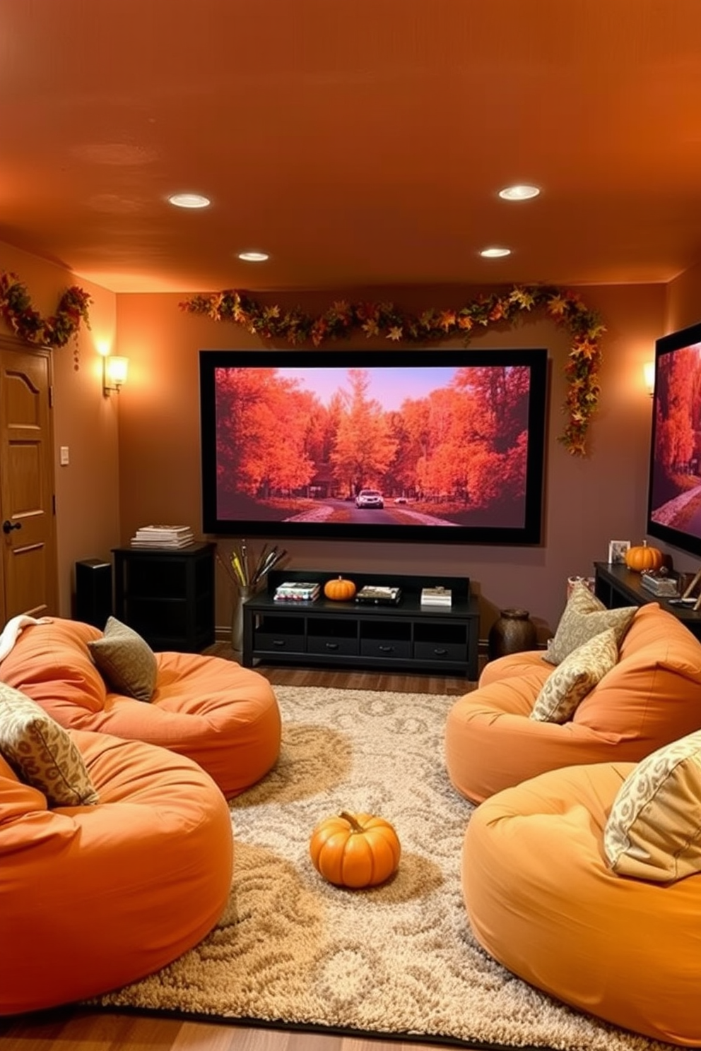 A cozy gathering space featuring oversized bean bags in warm autumn colors. Soft lighting creates an inviting atmosphere, complemented by a large area rug and decorative throw pillows. A fall-themed home theater adorned with rich, earthy tones. Plush seating surrounds a large screen, with seasonal decorations like pumpkins and garlands adding a festive touch.