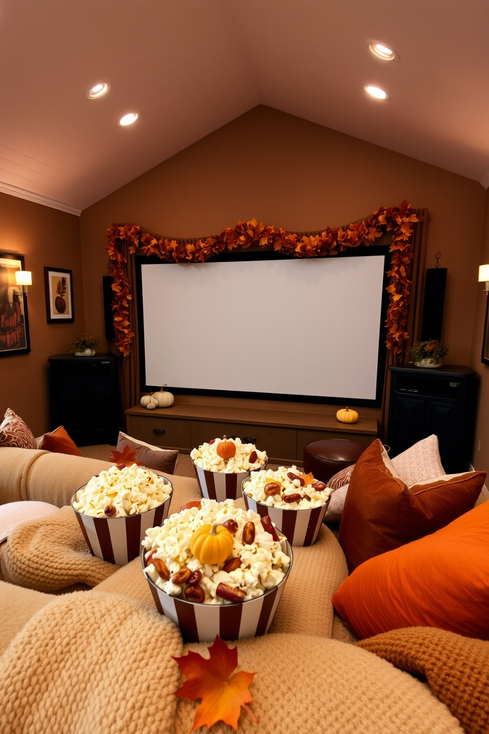 A cozy home theater setting adorned with fall-themed popcorn bowls filled with various snacks. The room features warm, earthy tones with plush seating, soft throw blankets, and decorative pillows showcasing autumn colors. The walls are decorated with seasonal artwork, and a large screen is framed by garlands of leaves and small pumpkins. Ambient lighting casts a soft glow, creating an inviting atmosphere perfect for enjoying fall movie nights.