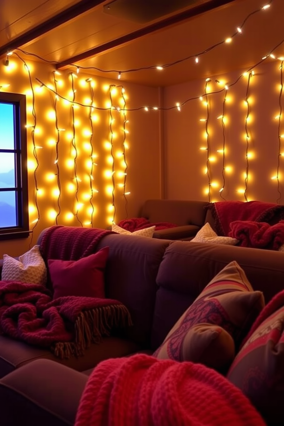 Create a cozy home theater setup designed for movie nights during the fall season. Incorporate seasonal popcorn bowls in vibrant autumn colors, surrounded by plush seating and warm lighting to enhance the inviting atmosphere.