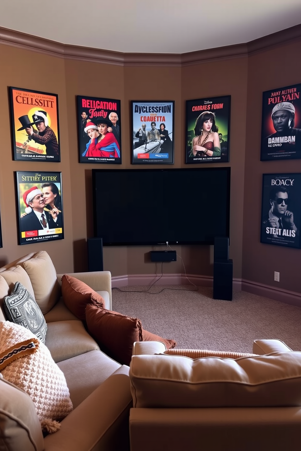 A cozy home theater adorned with seasonal movie posters showcasing classic films. The walls are painted in a warm taupe, and plush seating is arranged in a semi-circle facing a large screen.