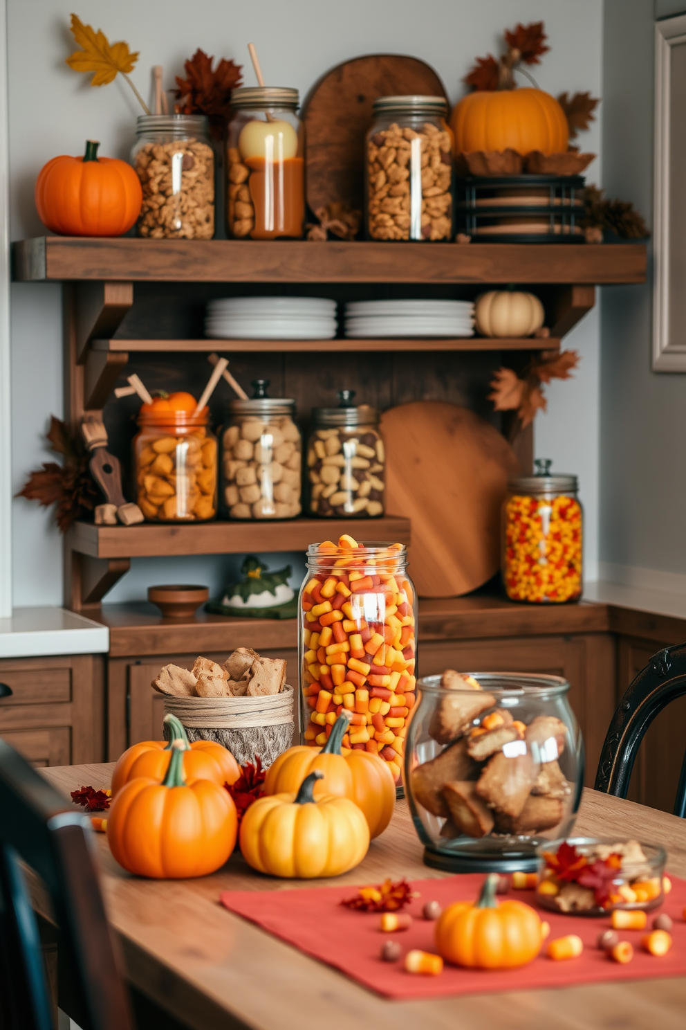 A cozy kitchen setting adorned with glass jars filled with an assortment of fall treats such as caramel apples, spiced pumpkin bread, and colorful candy corn. The jars are arranged on a rustic wooden shelf, complemented by autumn-themed decorations like small pumpkins and dried leaves scattered around. Warm hues of orange and deep red dominate the space, with a farmhouse table set for a family gathering. Soft lighting illuminates the kitchen, creating an inviting atmosphere perfect for celebrating the fall season.