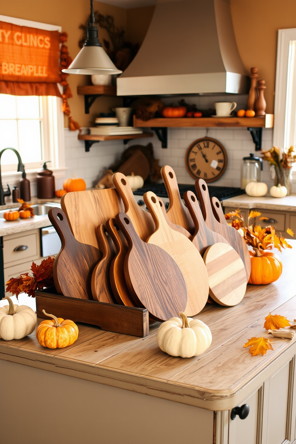 A cozy kitchen adorned with rustic charm. The centerpiece features a collection of wooden cutting boards displayed on a weathered countertop, surrounded by seasonal fall decorations. Warm hues of orange and gold accentuate the space, creating an inviting atmosphere. Pumpkins and dried leaves are tastefully arranged to enhance the autumnal theme.