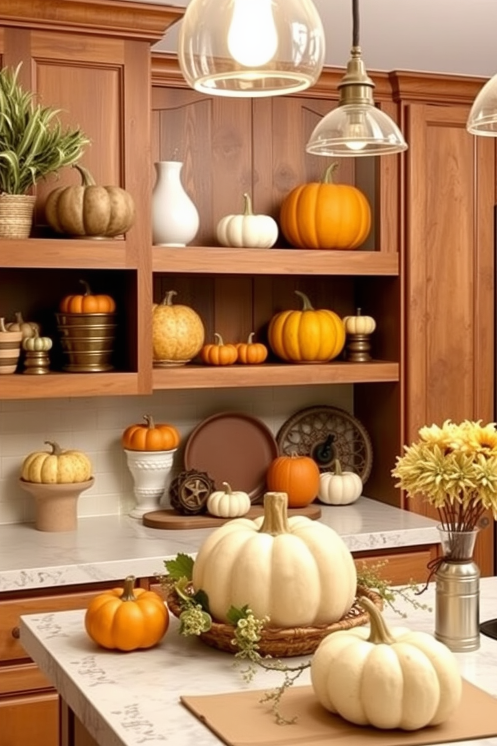 A cozy fall kitchen setting featuring vintage jars filled with acorns and pinecones. The jars are arranged on a rustic wooden shelf above a farmhouse sink, with warm autumn colors accentuating the decor.