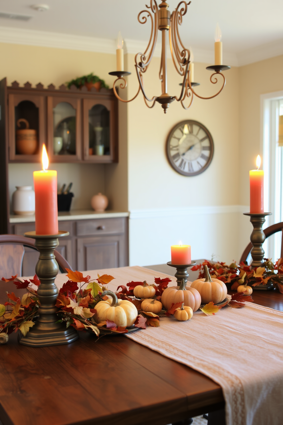 A cozy kitchen adorned with a wreath made of dried leaves and twigs hangs prominently on the rustic wooden door. The warm autumn colors of the leaves complement the rich hues of the kitchen cabinetry, creating an inviting atmosphere. On the countertop, a display of seasonal fruits in earthy tones is arranged in a woven basket. Soft, ambient lighting highlights the natural textures and colors, enhancing the fall-inspired decor.