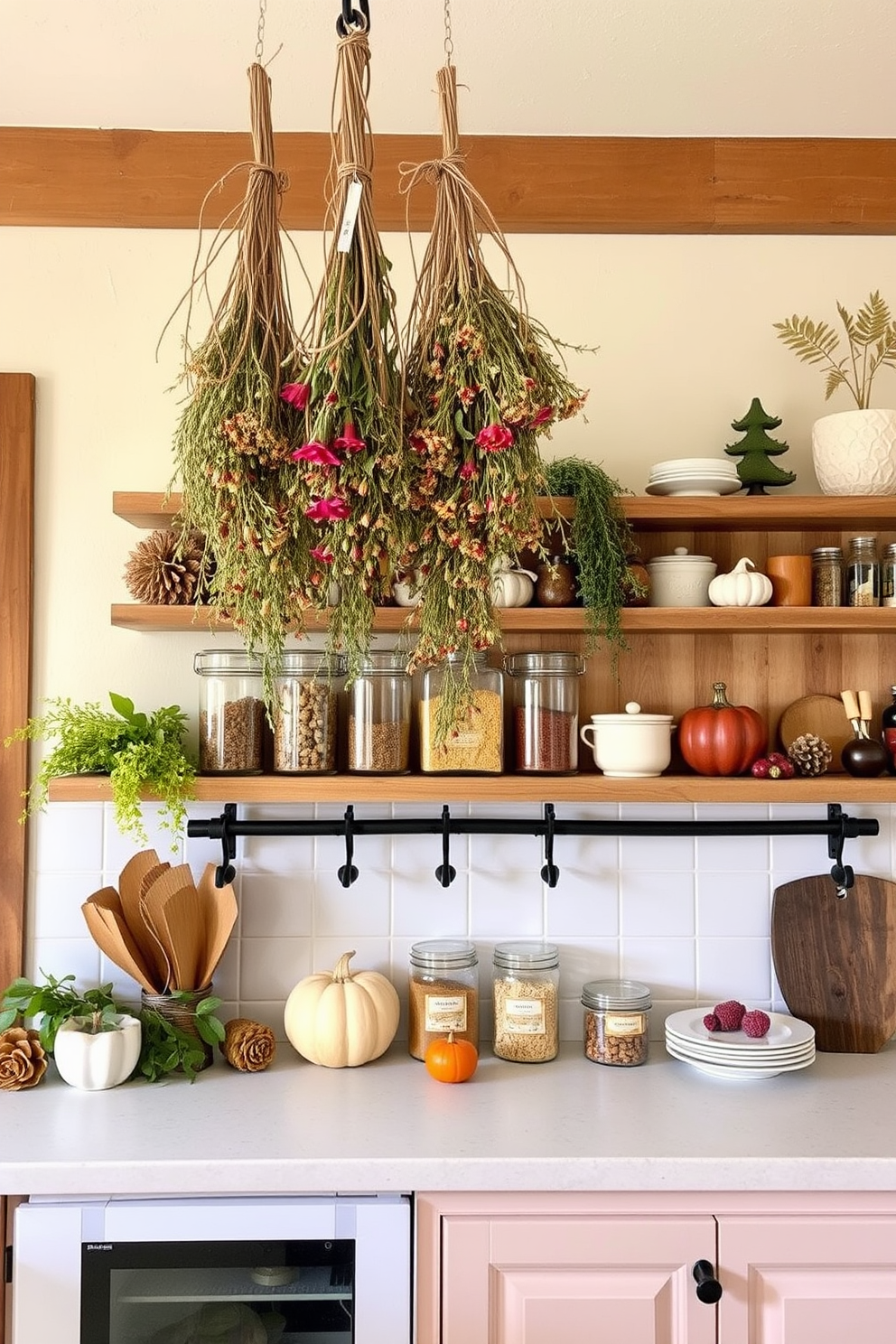 Festive dishware adorned with vibrant autumn motifs is artfully arranged on a rustic wooden table. The kitchen is decorated with warm tones, featuring pumpkins and gourds as centerpieces, while garlands of dried leaves drape elegantly along the countertops.