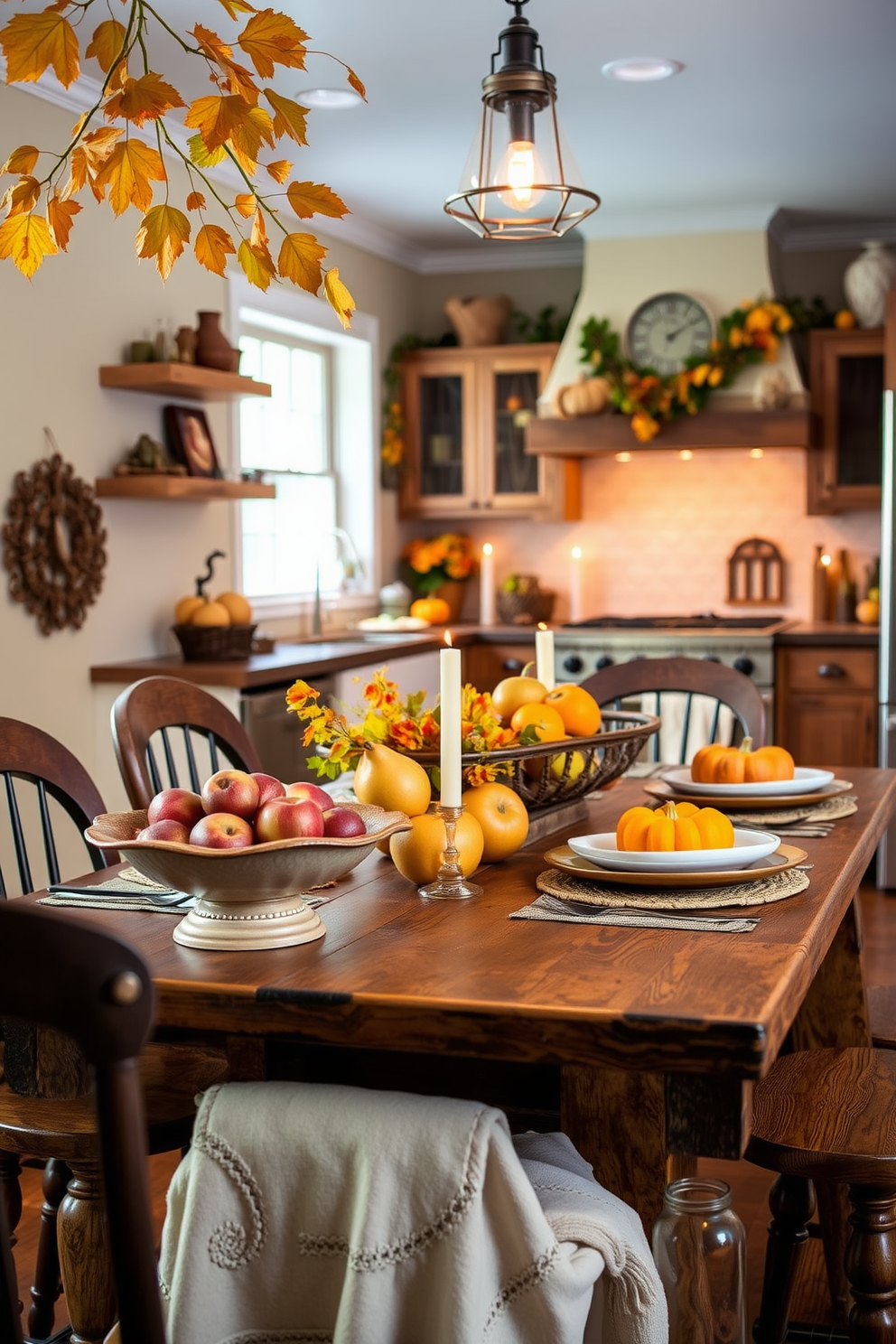 A cozy kitchen adorned for fall features a rustic wooden table set with decorative bowls filled with seasonal fruits such as apples, pears, and pumpkins. The warm tones of the kitchen are enhanced by golden autumn leaves and soft candlelight, creating an inviting atmosphere.