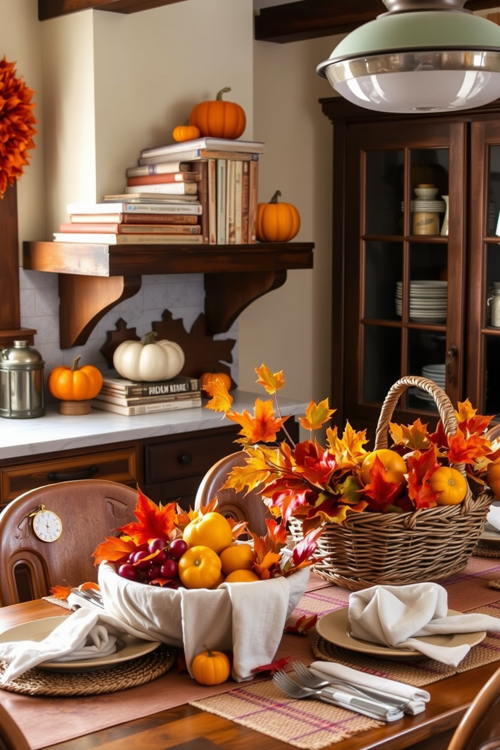 A cozy kitchen adorned with autumn-inspired cookbooks stacked on a rustic wooden shelf. The warm hues of orange and yellow from decorative pumpkins and gourds complement the inviting atmosphere of the space. A beautifully set kitchen table features a centerpiece of colorful fall leaves and a woven basket filled with seasonal fruits. Soft, ambient lighting creates a welcoming glow, enhancing the charm of the fall kitchen decorating ideas.