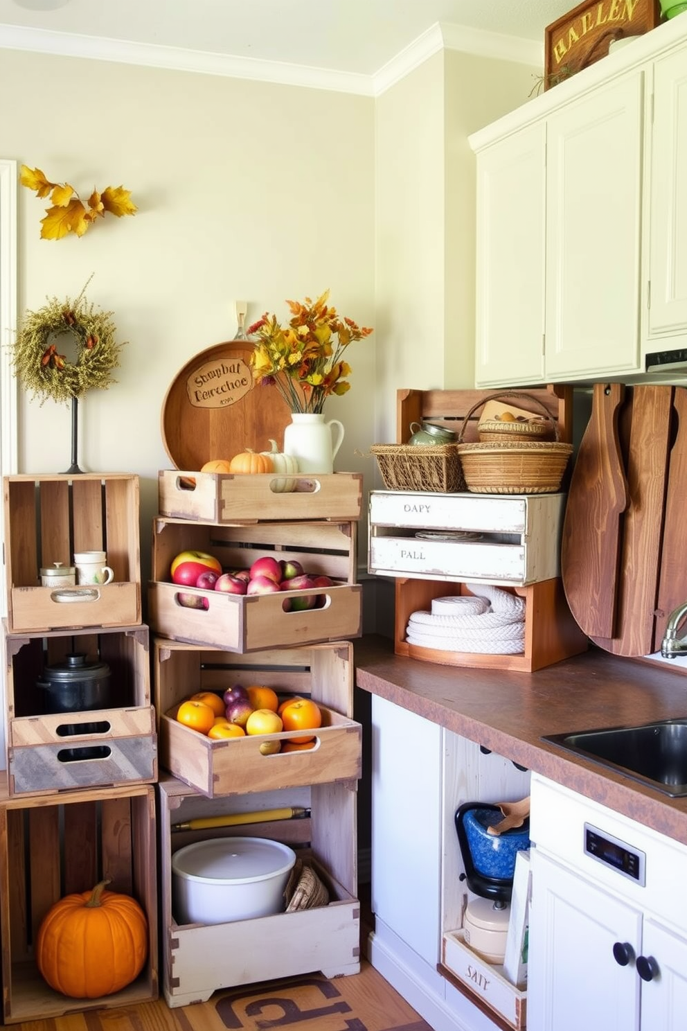 A cozy fall kitchen adorned with vintage crates for storage and decor. The crates are stacked in a corner, filled with seasonal fruits and rustic kitchen essentials, adding warmth and charm to the space.