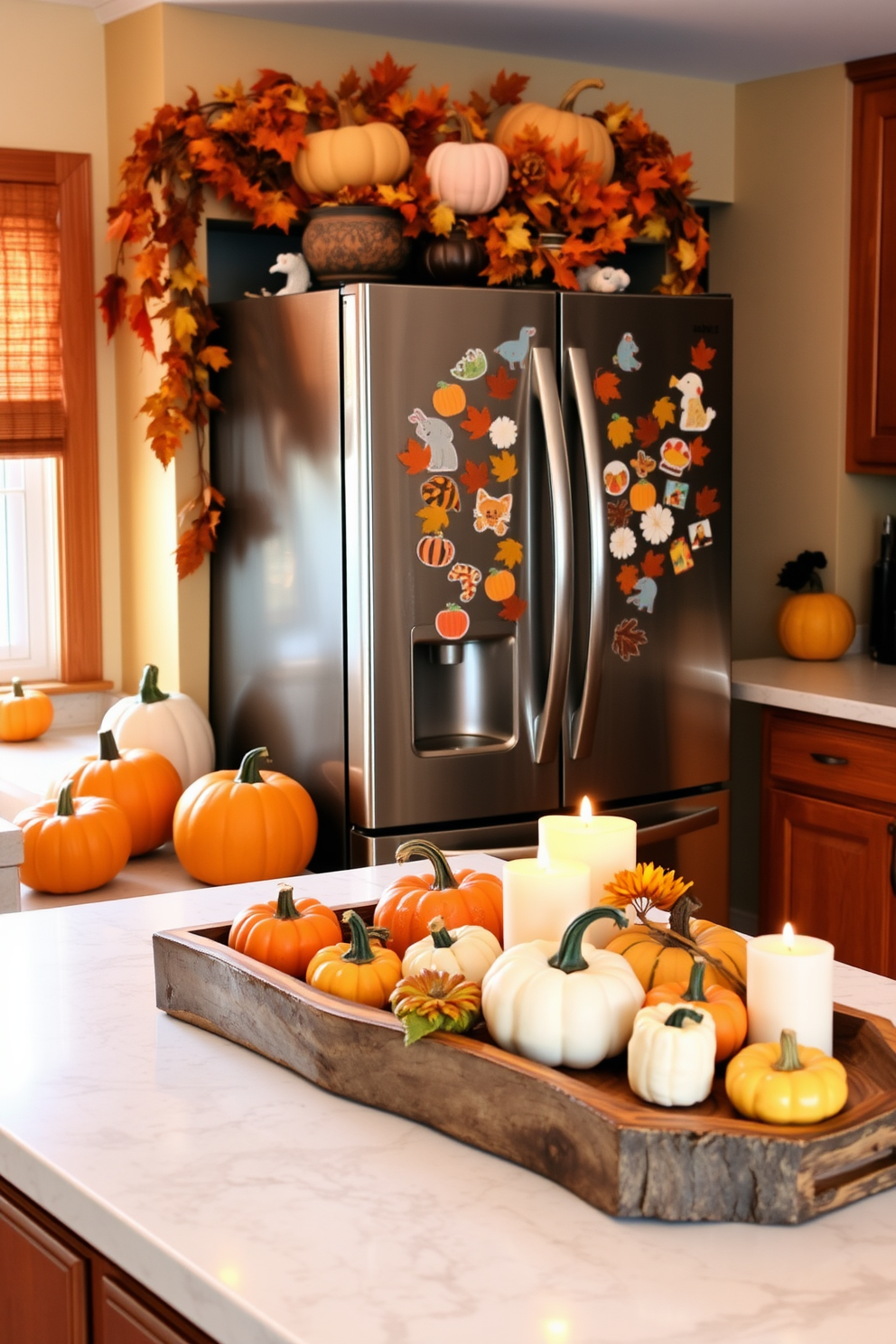 A cozy kitchen adorned with fall-themed magnets on the fridge. The fridge is surrounded by warm autumn colors, with pumpkins and leaves as decorative accents throughout the space. The countertops are topped with seasonal decor, including a rustic wooden tray filled with mini pumpkins and candles. Soft, warm lighting enhances the inviting atmosphere, making it the perfect space for family gatherings during the fall season.