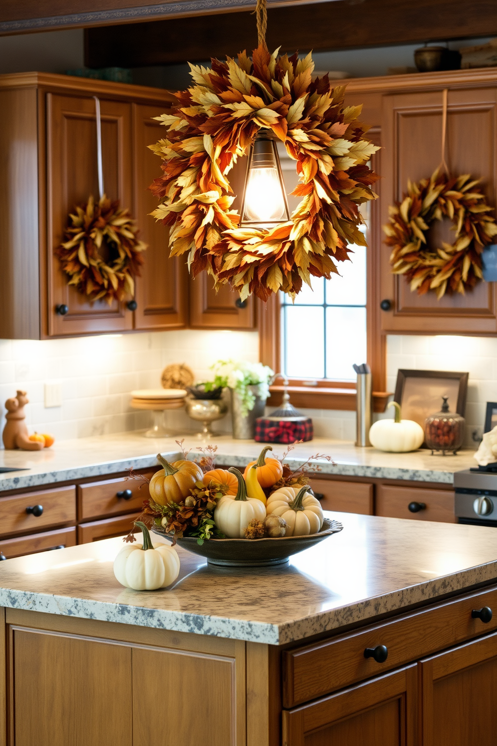 A cozy kitchen adorned with wreaths made of dried leaves. The rustic wooden cabinets are complemented by a warm, earthy color palette and seasonal decorations. Hanging above the kitchen island, a large wreath made of various dried leaves adds a touch of autumn charm. On the countertop, a centerpiece of pumpkins and gourds enhances the fall theme, while soft lighting creates an inviting atmosphere.