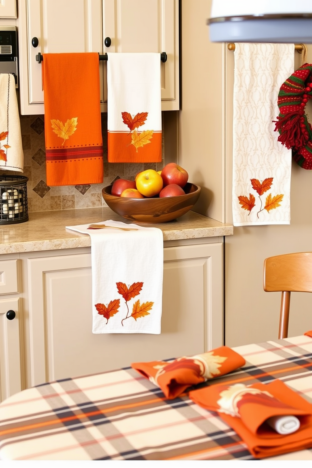 A cozy kitchen adorned with autumn-themed dish towels and linens. The towels feature warm colors like orange and brown, with leaf patterns that evoke the spirit of fall. On the countertop, a rustic wooden bowl holds an assortment of seasonal fruits like apples and pears. The table is set with a plaid tablecloth and matching napkins, creating an inviting atmosphere for family gatherings.