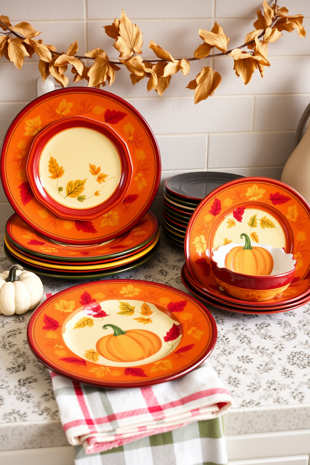 Cheerful fall-themed dishware sets feature vibrant colors such as orange, yellow, and deep red. The plates are adorned with intricate leaf patterns and pumpkins, creating a warm and inviting atmosphere. For fall kitchen decorating ideas, consider incorporating seasonal elements like garlands of dried leaves and small decorative pumpkins on the countertops. Use cozy textiles such as plaid tablecloths and autumn-themed dish towels to enhance the festive ambiance.