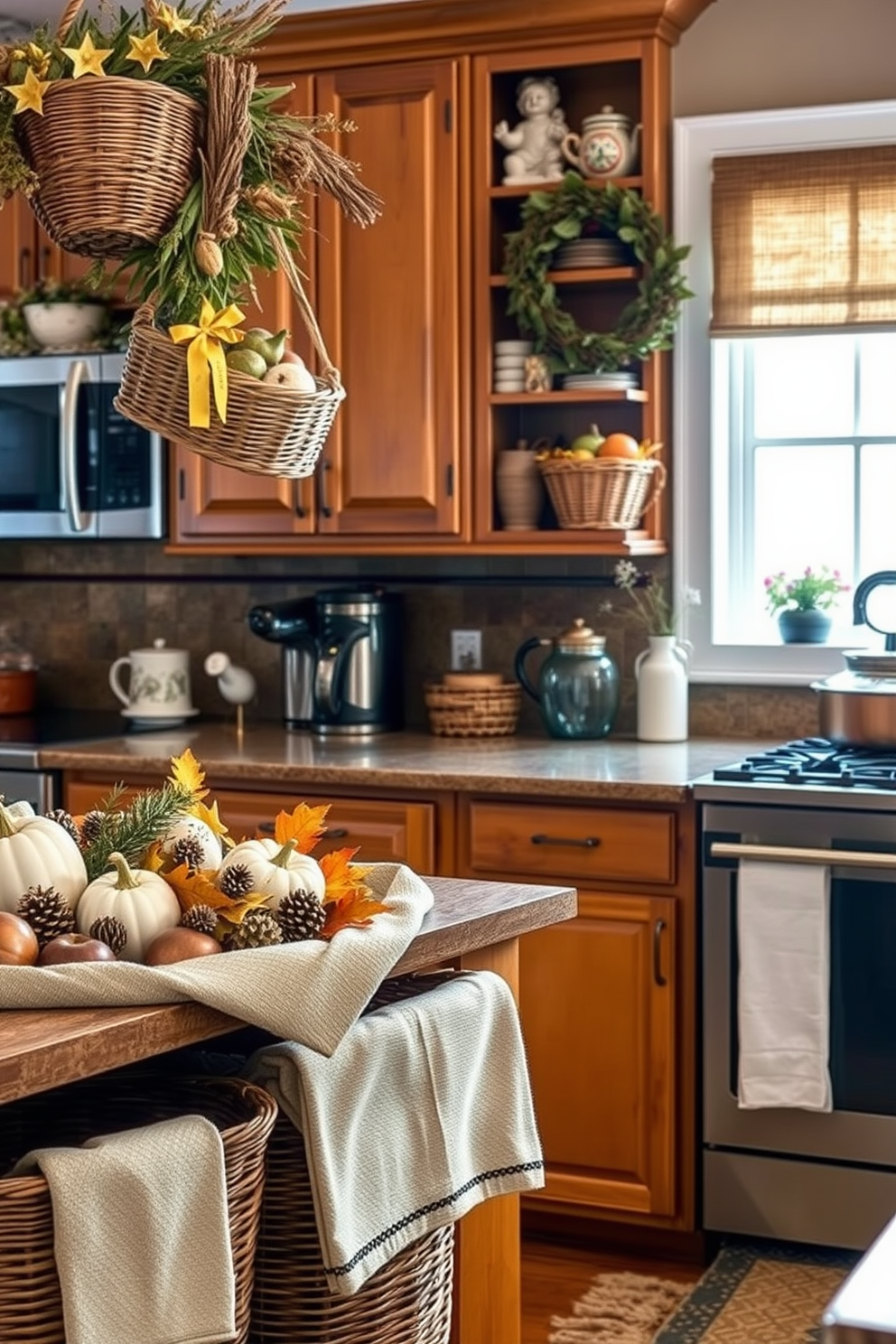 A cozy kitchen setting adorned with string lights draped across the ceiling for a warm and inviting glow. The countertops are decorated with autumn-themed accents such as small pumpkins and vibrant fall leaves, creating a festive atmosphere.