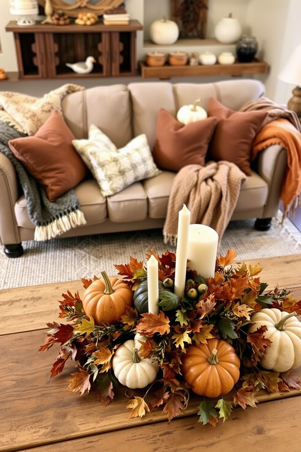 Autumn-themed potpourri fills decorative bowls placed on a rustic wooden table. The bowls are surrounded by small pumpkins and vibrant fall leaves, creating a warm and inviting atmosphere. In the kitchen, warm-toned accents like orange and gold dishware complement the seasonal decor. A cozy table setting features a plaid tablecloth and candles, enhancing the autumn ambiance.