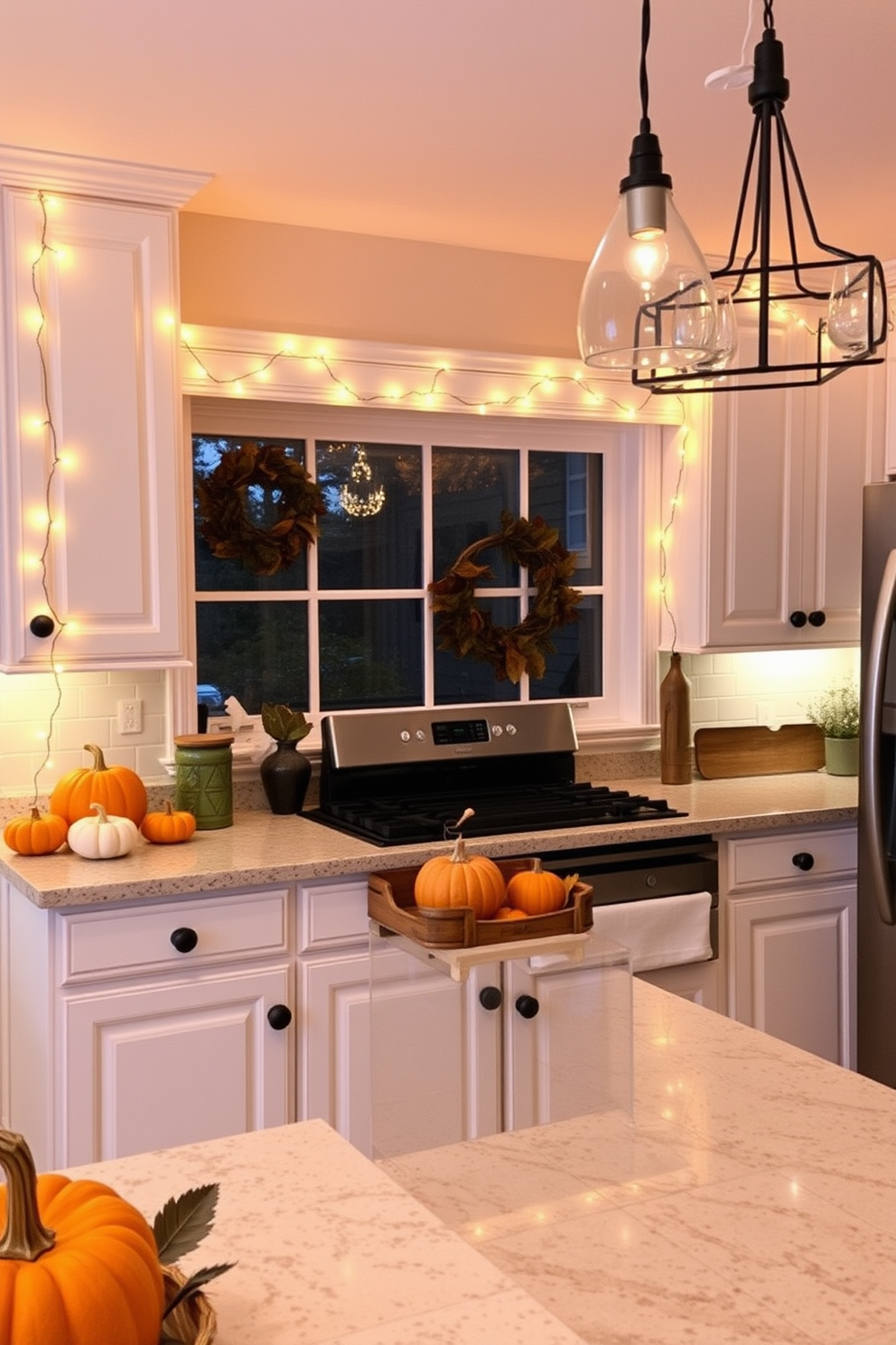 A cozy fall kitchen adorned with warm lighting created by soft string lights draped along the edges of the cabinets. The countertops are decorated with seasonal elements like pumpkins and autumn leaves, enhancing the inviting atmosphere.