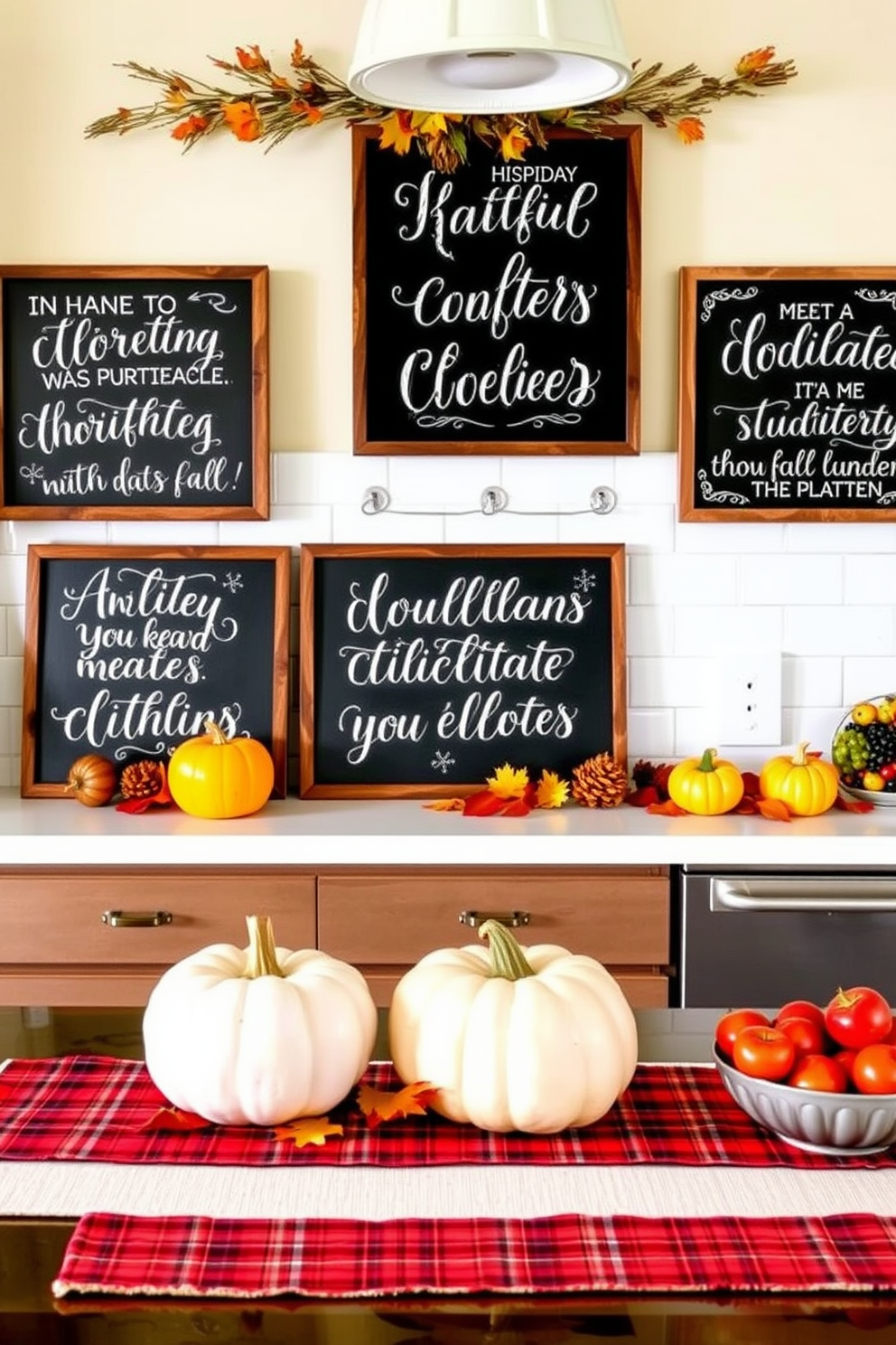 Chalkboard signs adorned with inspiring fall quotes create a warm and inviting atmosphere in the kitchen. The rustic charm of the signs complements the seasonal decor, featuring pumpkins and autumn leaves arranged on the countertop. For fall kitchen decorating ideas, imagine a cozy space with rich, warm colors and textured fabrics. Incorporate elements like plaid table runners and seasonal fruits in decorative bowls to enhance the festive ambiance.