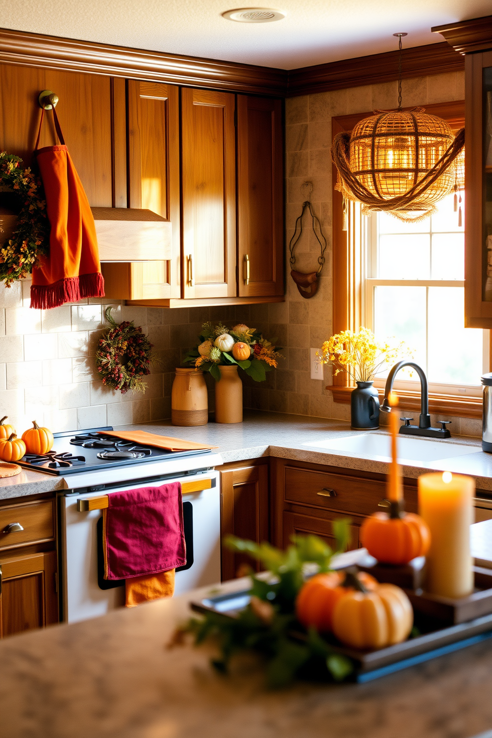 A cozy kitchen adorned for the fall season. Seasonal aprons in warm hues of orange and burgundy hang by the stove, adding a touch of autumn charm. The countertops are decorated with small pumpkins and candles, creating a welcoming atmosphere. Soft golden light filters through the window, illuminating the rustic wooden cabinets and enhancing the inviting feel of the space.