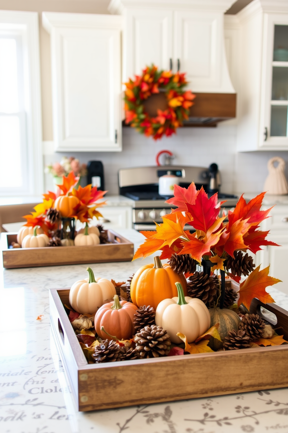 A charming kitchen adorned with decorative trays featuring autumn accents. The trays are filled with small pumpkins, pinecones, and vibrant fall leaves, creating a warm and inviting atmosphere.