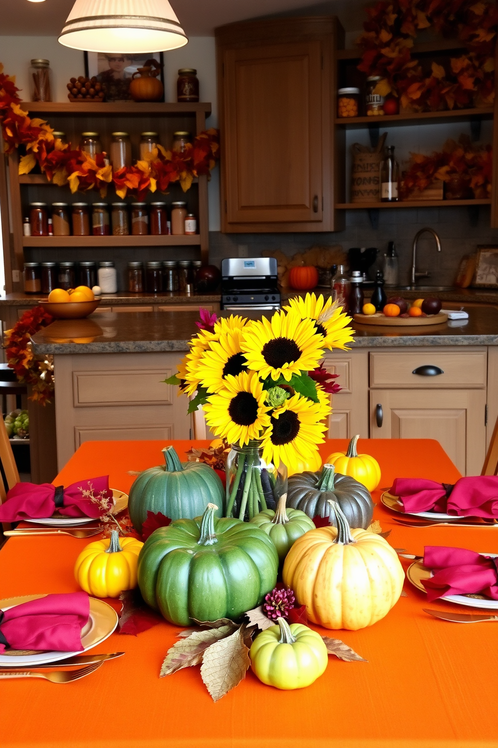 A vibrant fall-themed dining table is adorned with an array of colorful pumpkins in various sizes and shades. The tablecloth is a rich orange hue, complemented by golden cutlery and deep red napkins, creating a warm and inviting atmosphere. The kitchen is decorated with garlands of autumn leaves draped across the countertops. Rustic wooden shelves display jars of spices and seasonal fruits, while a centerpiece of sunflowers in a mason jar adds a cheerful touch.