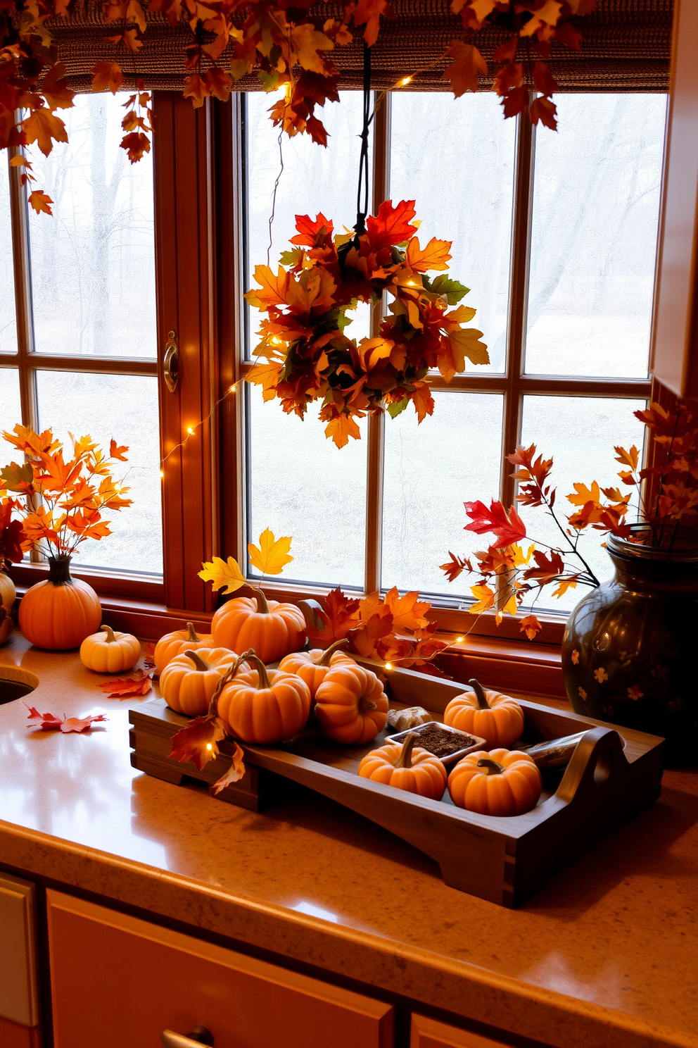 Miniature scarecrows are placed on the kitchen counter, adding a whimsical touch to the fall decor. Surrounding them are colorful pumpkins and autumn leaves, creating a warm and inviting atmosphere. The kitchen shelves are adorned with rustic jars filled with spices and seasonal ingredients. Soft, warm lighting highlights the rich hues of the fall-themed table runner, enhancing the cozy ambiance.