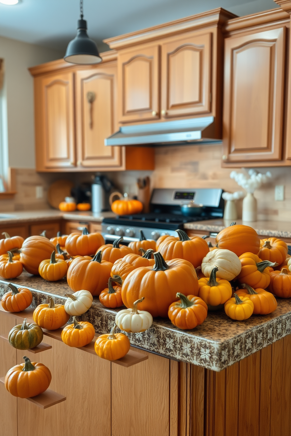 A warm and inviting kitchen adorned with mini pumpkins scattered across the countertop. The pumpkins vary in size and color, creating a festive autumn atmosphere that complements the rustic wooden cabinetry.