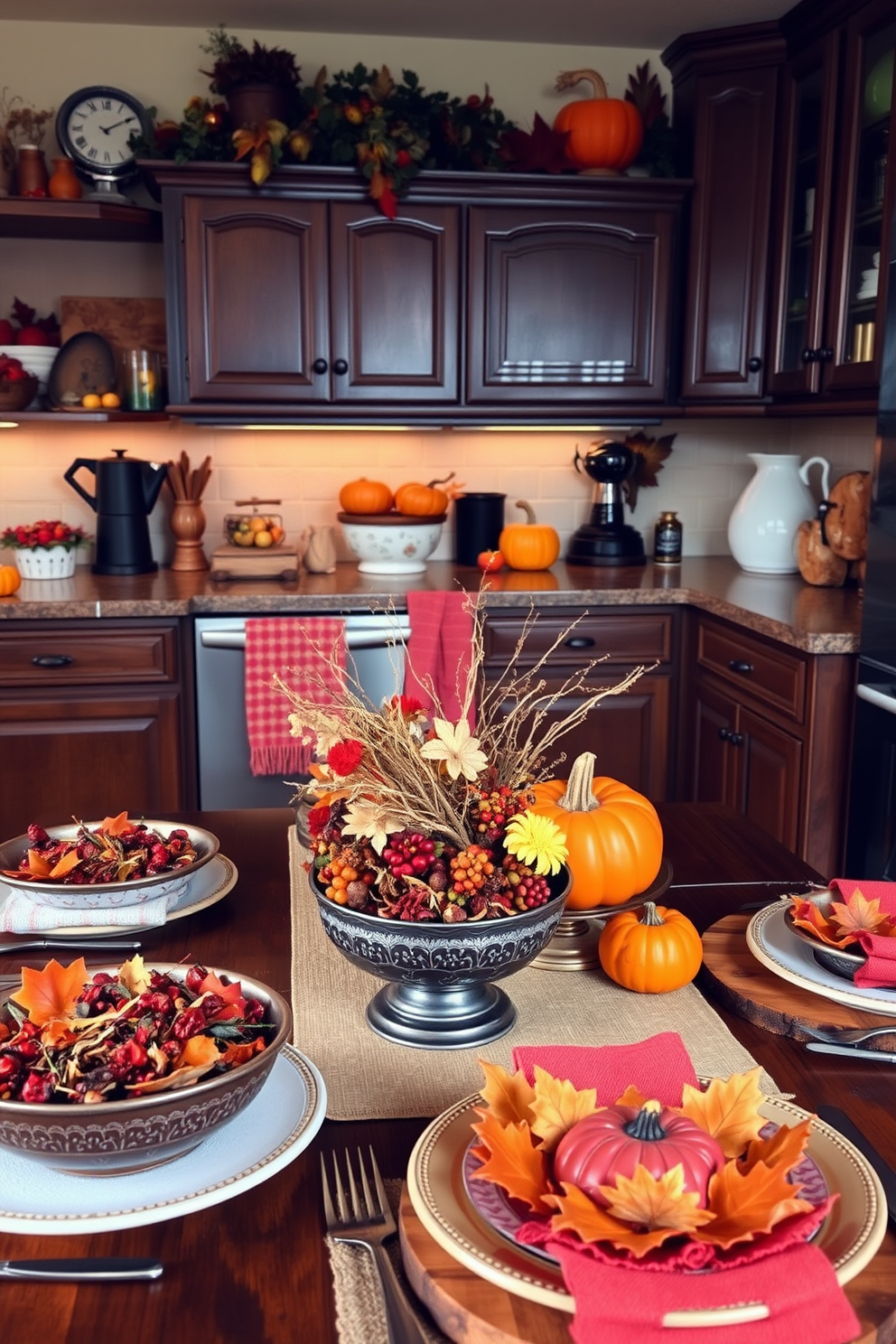 A cozy kitchen adorned with seasonal potpourri in decorative bowls scattered on the countertops. The warm colors of fall are reflected in the table settings with rustic elements like wooden cutting boards and vibrant orange and red accents.