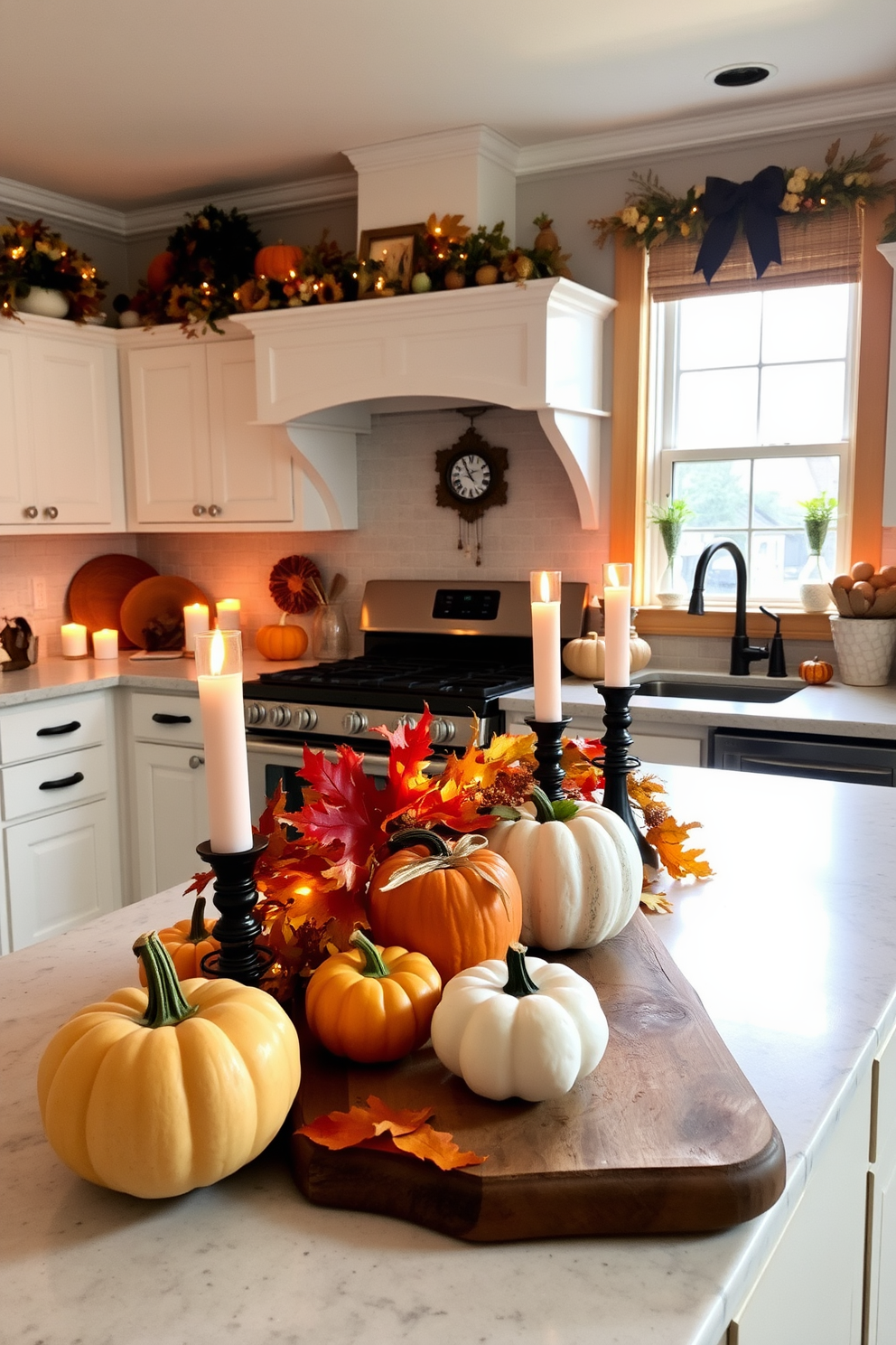 A cozy kitchen adorned with seasonal scented candles creating a warm ambiance. The countertops are decorated with pumpkins and autumn leaves, complemented by a rustic wooden cutting board.