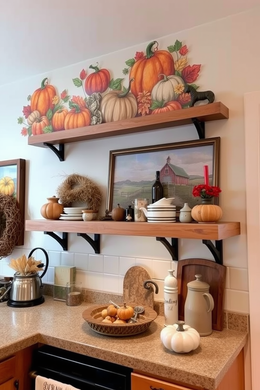 A cozy kitchen adorned with a fall-themed backsplash featuring rustic tiles in warm earthy tones. The backsplash is complemented by wooden open shelves displaying seasonal decor and autumn-inspired dishware. The kitchen island is topped with a rich wooden surface, surrounded by comfortable bar stools upholstered in a plaid fabric. Soft lighting illuminates the space, creating an inviting atmosphere perfect for gathering and enjoying the autumn season.