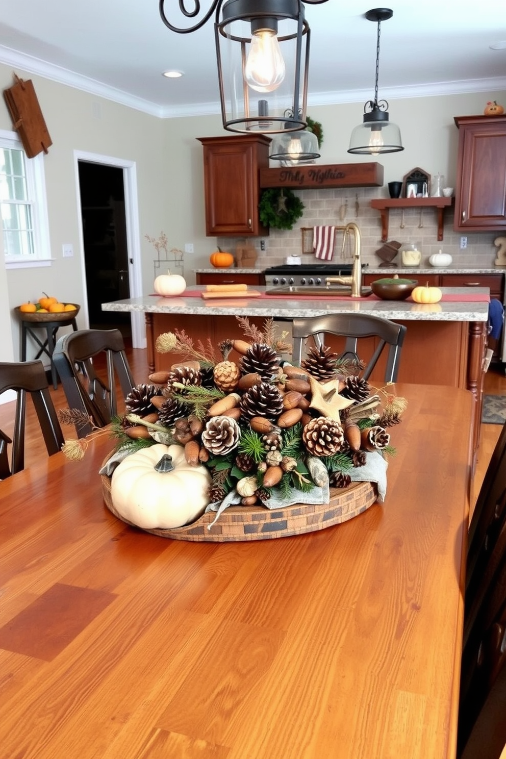 A cozy fall kitchen setting filled with natural elements like acorns and pinecones. The wooden dining table is adorned with a rustic centerpiece featuring a mix of pinecones, acorns, and seasonal foliage. Warm, earthy tones dominate the kitchen decor, with pumpkins and gourds placed on the countertops. Soft lighting from pendant fixtures enhances the inviting atmosphere, creating a perfect space for autumn gatherings.