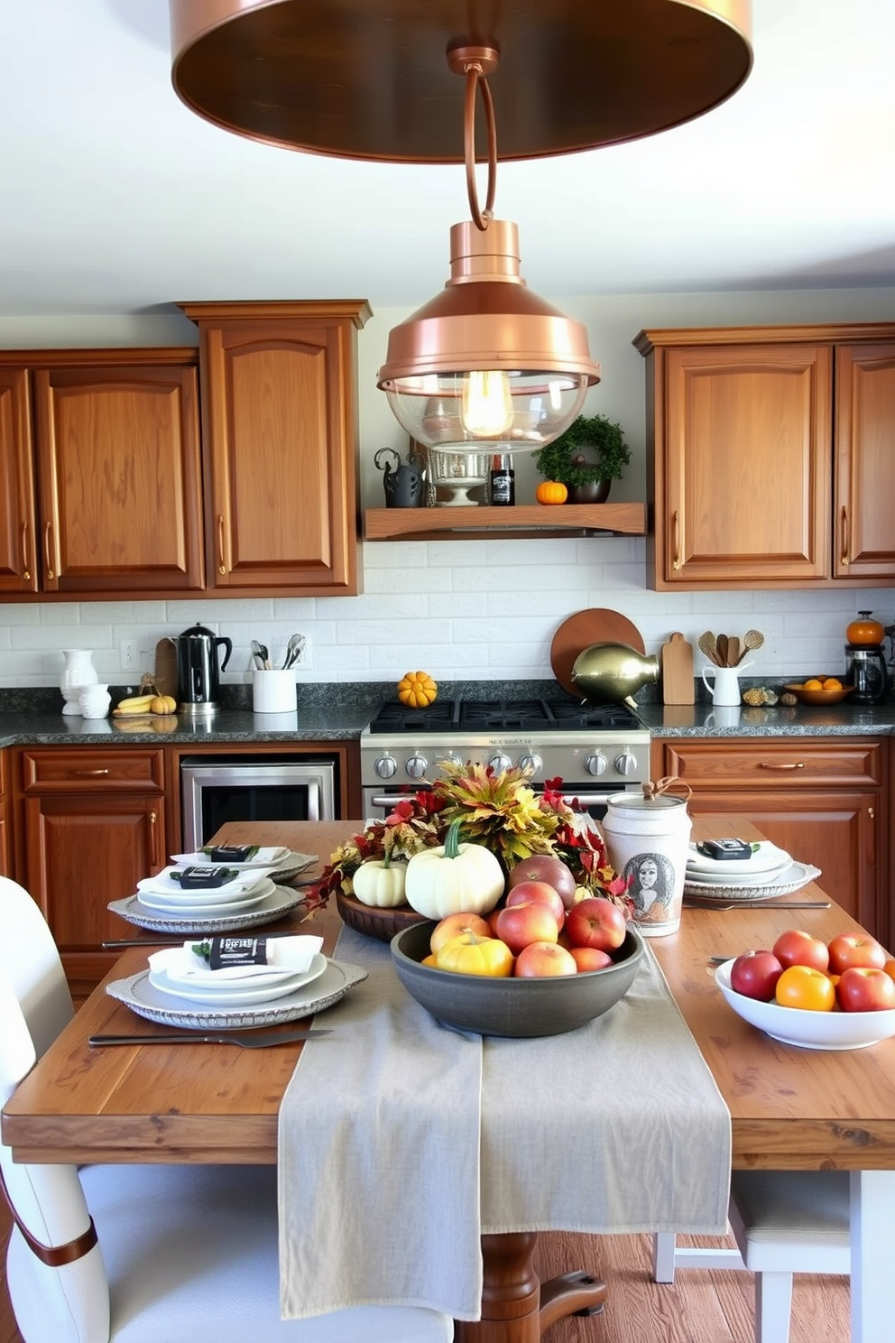 A cozy kitchen adorned with harvest-themed wall art. The walls feature a collection of rustic prints showcasing pumpkins, apples, and autumn leaves, creating a warm and inviting atmosphere. The kitchen island is decorated with a woven basket filled with seasonal fruits and vegetables. Soft golden lighting illuminates the space, enhancing the rich colors of the decor and inviting a sense of comfort.