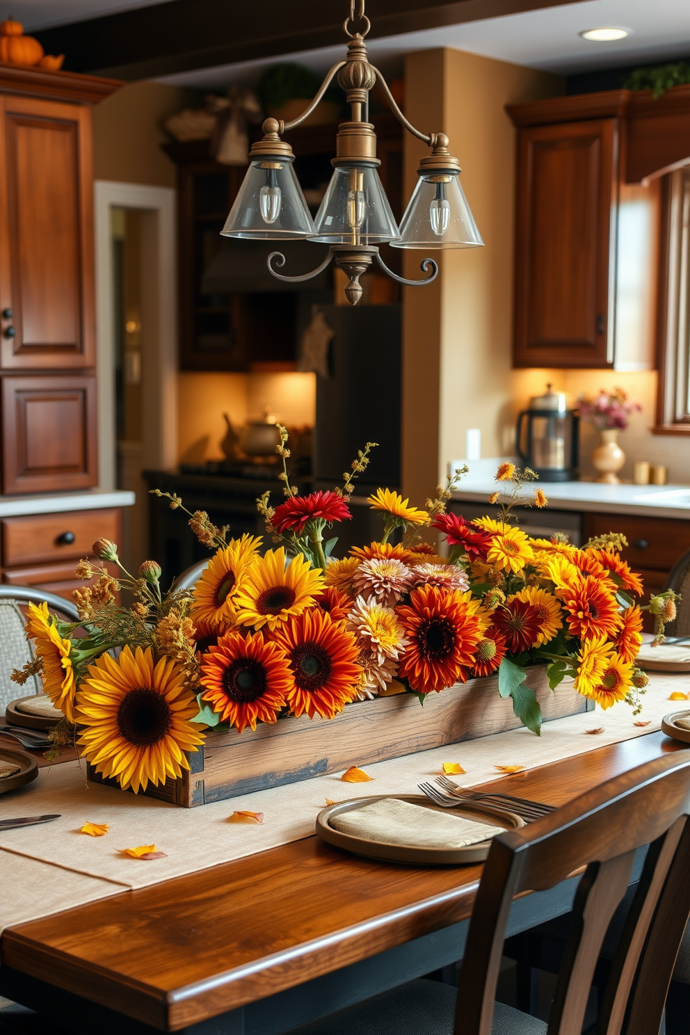 A cozy kitchen adorned with fresh flowers in autumn hues. The table is set with a rustic wooden centerpiece featuring sunflowers, chrysanthemums, and dahlias in shades of orange, yellow, and deep red. The walls are painted in warm earth tones, complemented by rich wooden cabinetry. Soft, ambient lighting creates an inviting atmosphere, enhancing the seasonal decor with touches of gold and bronze accents.