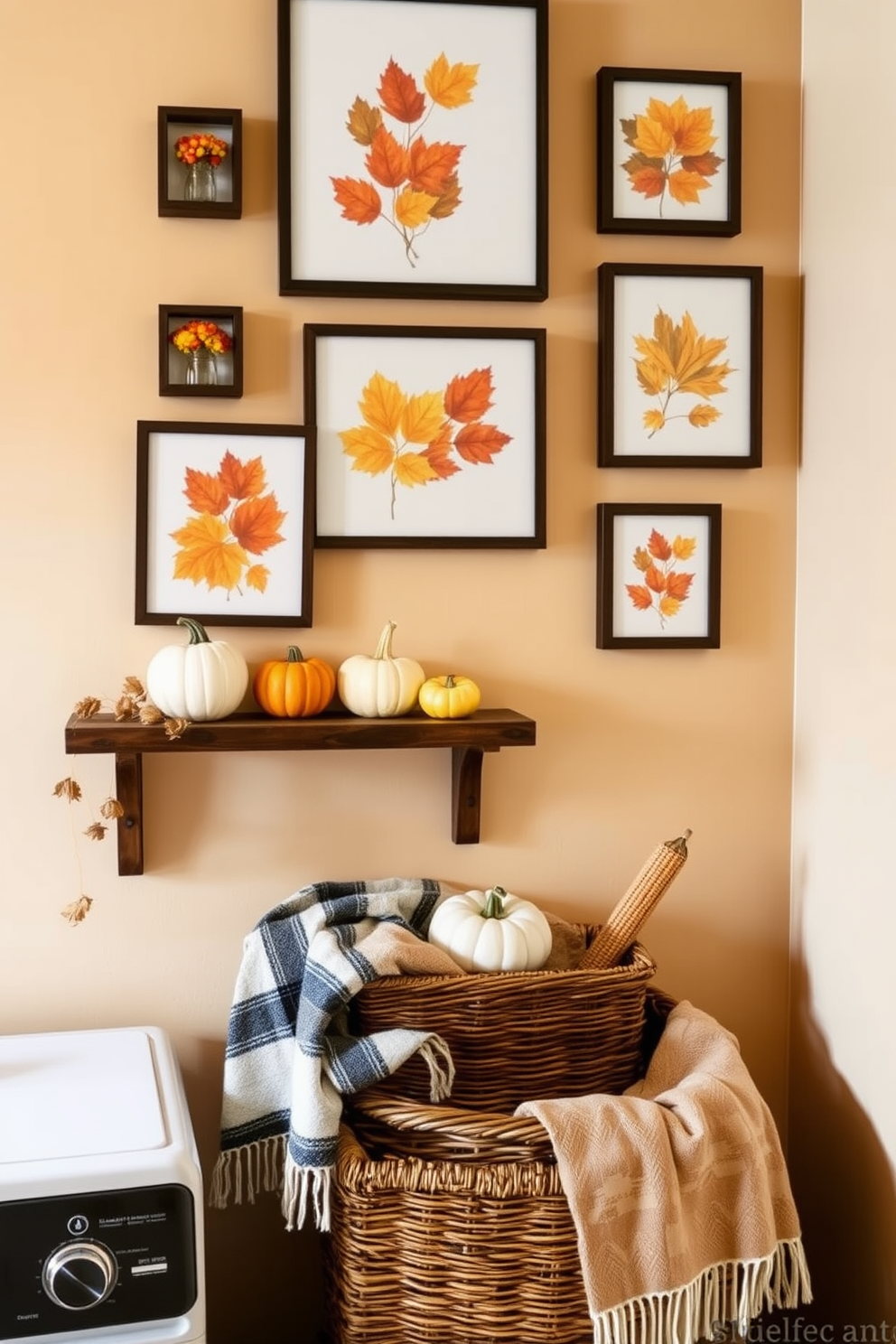 Cozy autumn-themed wall art display featuring a collection of framed prints showcasing vibrant fall leaves and pumpkins. The display is arranged in a gallery style on a warm-toned wooden wall, complemented by soft ambient lighting. Fall laundry room decorating ideas include a rustic wooden shelf adorned with seasonal decorations such as mini pumpkins and dried corn. The walls are painted in a soft cream color, and a cozy throw blanket is draped over a wicker basket for added warmth.