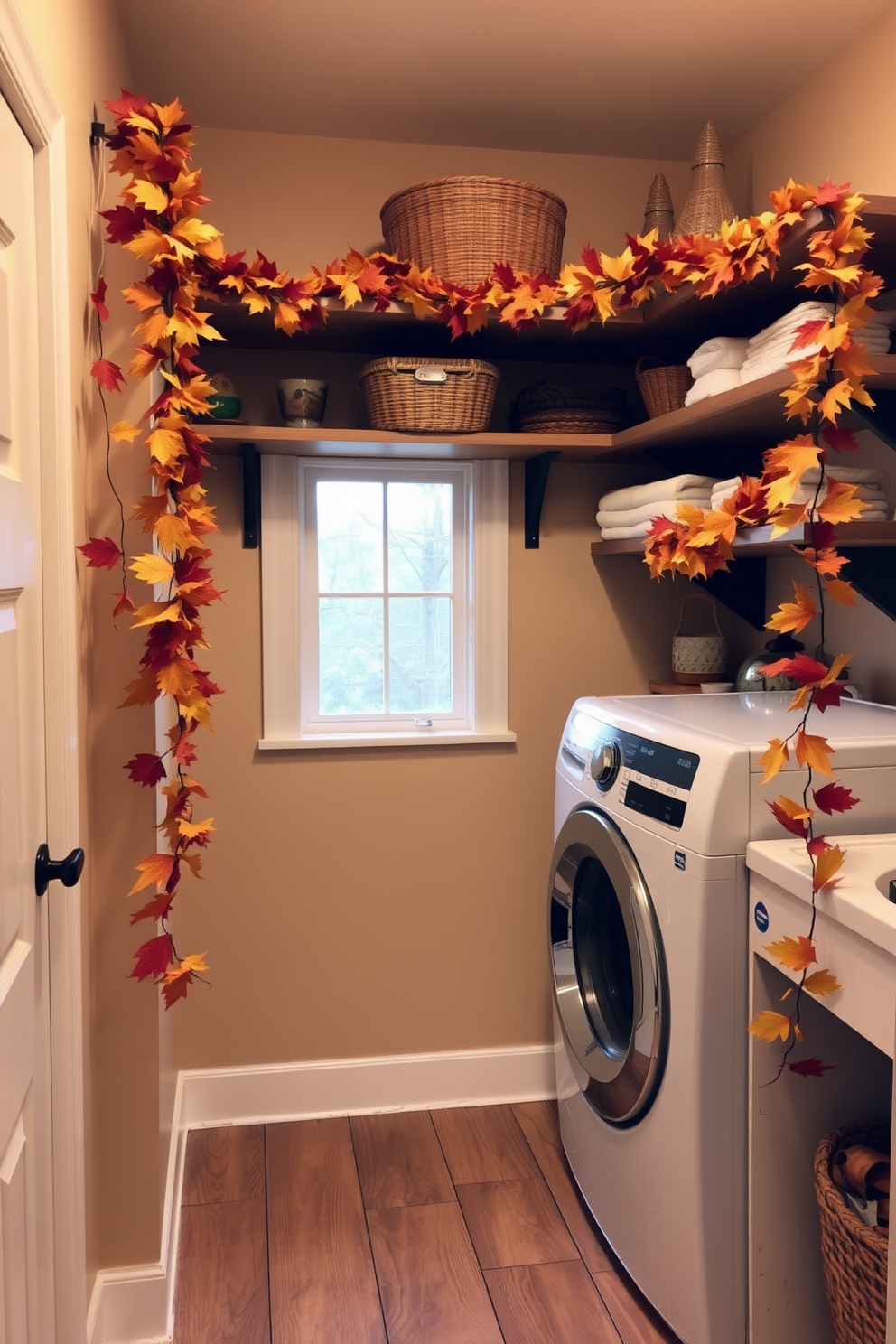 A cozy laundry room adorned with autumn leaf garlands draped gracefully across wooden shelves. The walls are painted in a warm beige tone, and the floor features rustic wooden planks that enhance the seasonal charm.