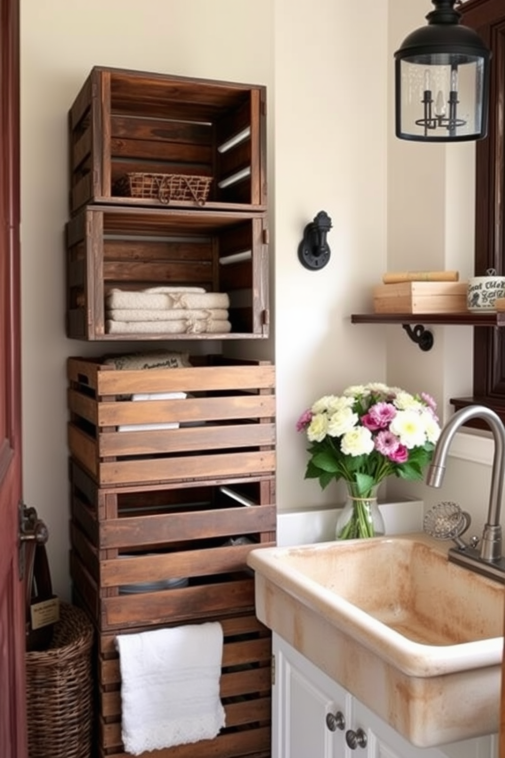 A cozy laundry room adorned with decorative jars filled with cinnamon sticks. The walls are painted in warm autumn hues, and the space features rustic shelving displaying seasonal decor.