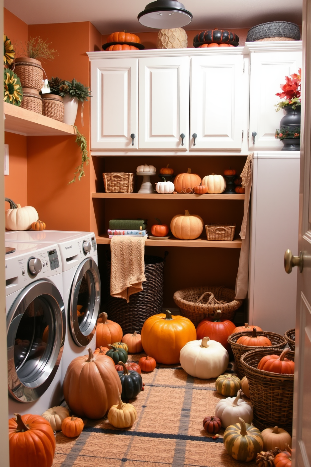 A cozy laundry room filled with colorful pumpkins scattered around the space. The walls are painted in warm earth tones and the shelves are adorned with seasonal decorations.