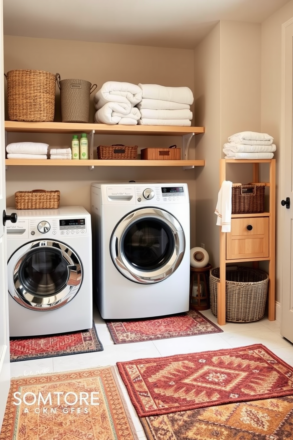 A cozy laundry room with earthy-toned rugs that add warmth and texture to the space. The walls are painted in a soft beige, complemented by natural wood shelving that holds neatly folded towels and laundry supplies.