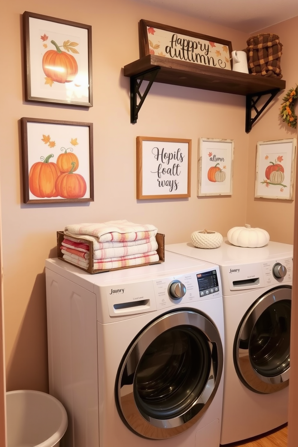 A cozy laundry room adorned with cute autumn-themed printables. The walls are decorated with warm-toned artwork featuring pumpkins and leaves, creating a festive atmosphere. A rustic wooden shelf displays neatly folded towels and seasonal decor. A cheerful sign with autumn phrases hangs above the washing machine, enhancing the fall aesthetic.