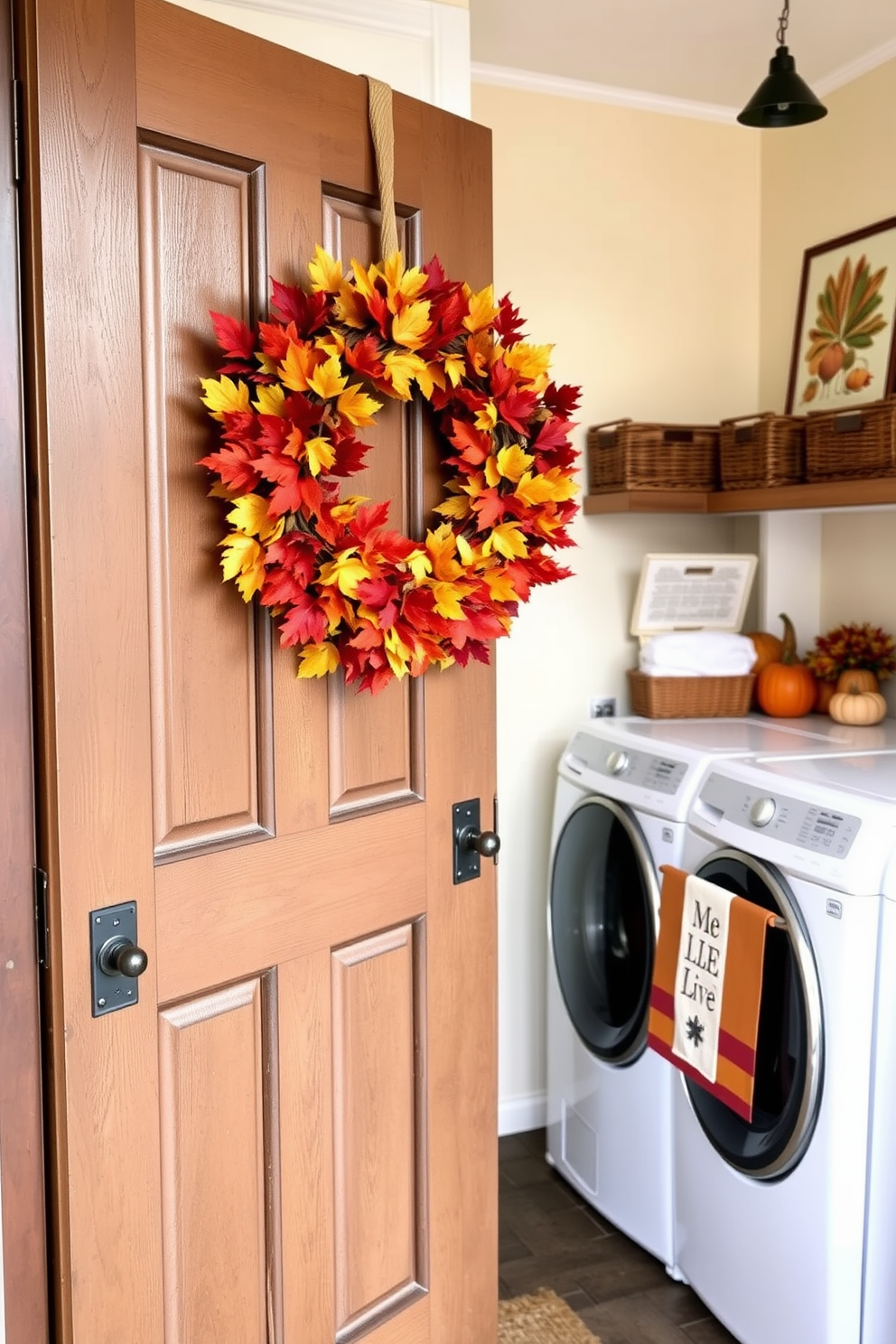 A charming front door adorned with a wreath made of vibrant fall foliage including deep reds, oranges, and yellows. The wreath is complemented by a rustic wooden door and surrounded by pumpkins and seasonal decorations on the porch. A bright and functional laundry room featuring open shelving with neatly organized baskets and a farmhouse sink. The walls are painted in a soft cream color, and a cheerful autumn-themed artwork hangs above the washer and dryer.