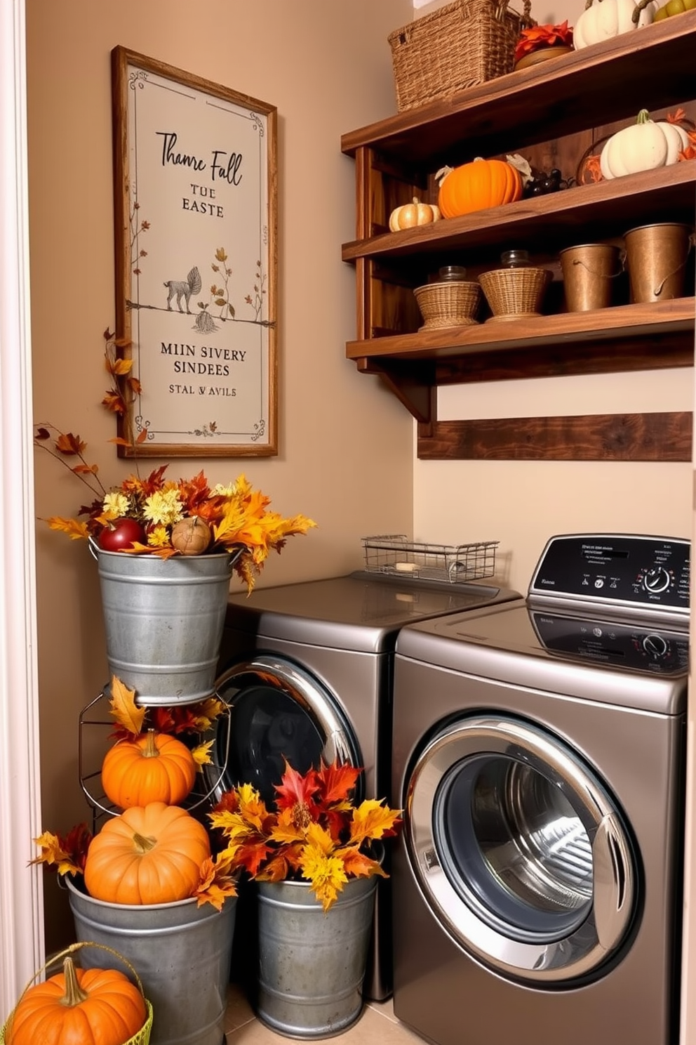 A cozy laundry room featuring metal buckets filled with seasonal items like pumpkins and autumn leaves. The walls are painted in a warm beige tone, and rustic wooden shelves display additional fall decorations.