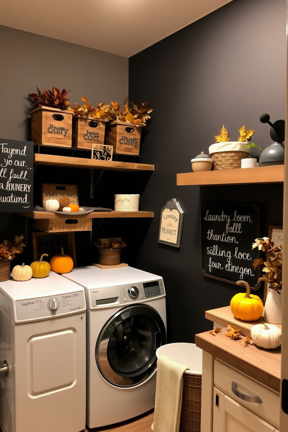 A cozy laundry room adorned with fall-inspired decor. The space features fabric softener bottles in warm autumn colors like burnt orange and deep burgundy, arranged neatly on a wooden shelf. Rustic elements such as a woven basket filled with seasonal leaves add charm to the room. A simple wall art piece depicting a fall landscape complements the overall theme, creating a welcoming atmosphere.