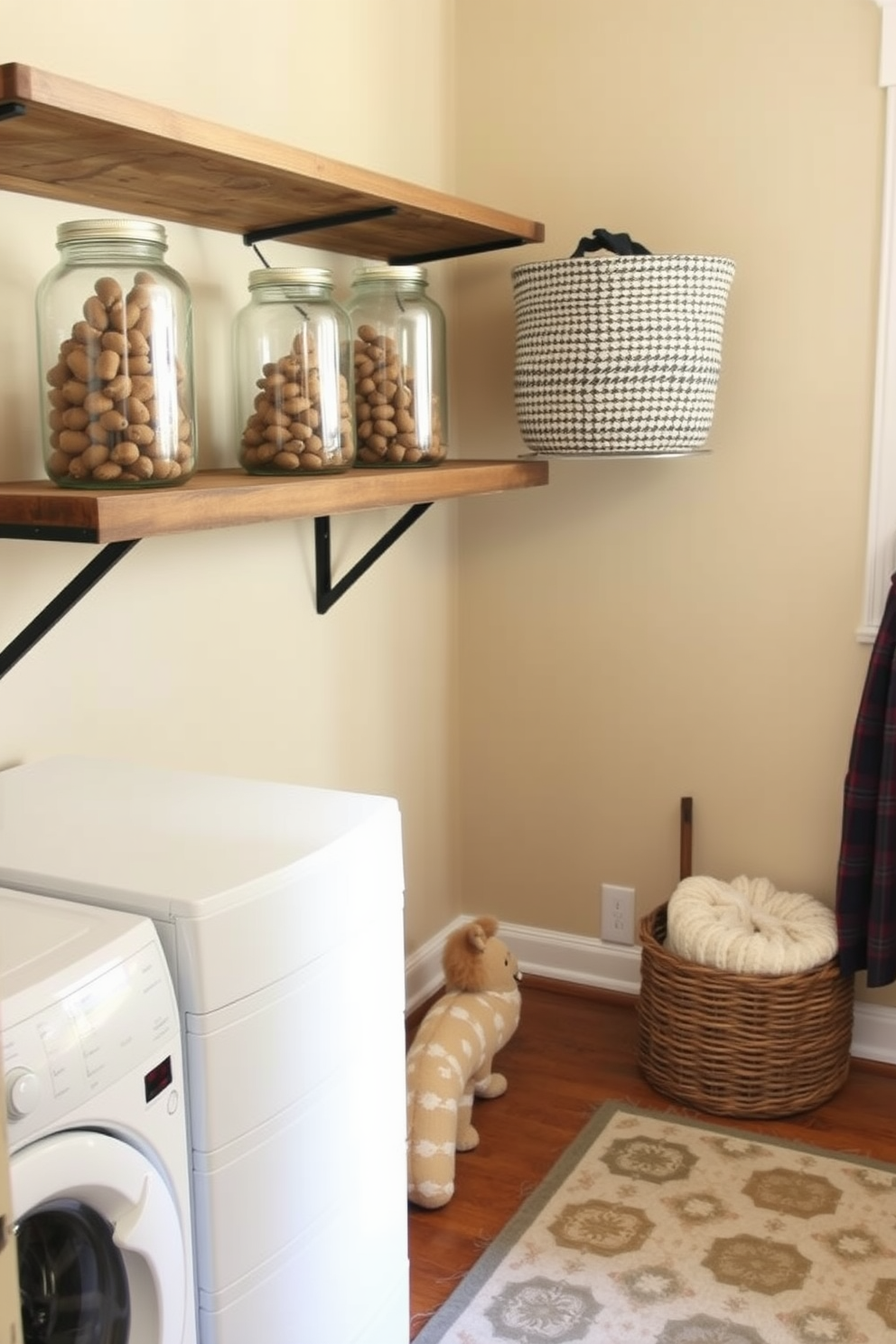 A cozy laundry room featuring decorative jars filled with acorns on a rustic wooden shelf. The walls are painted in a warm beige tone, and the floor is covered with a stylish patterned rug that adds a touch of charm.