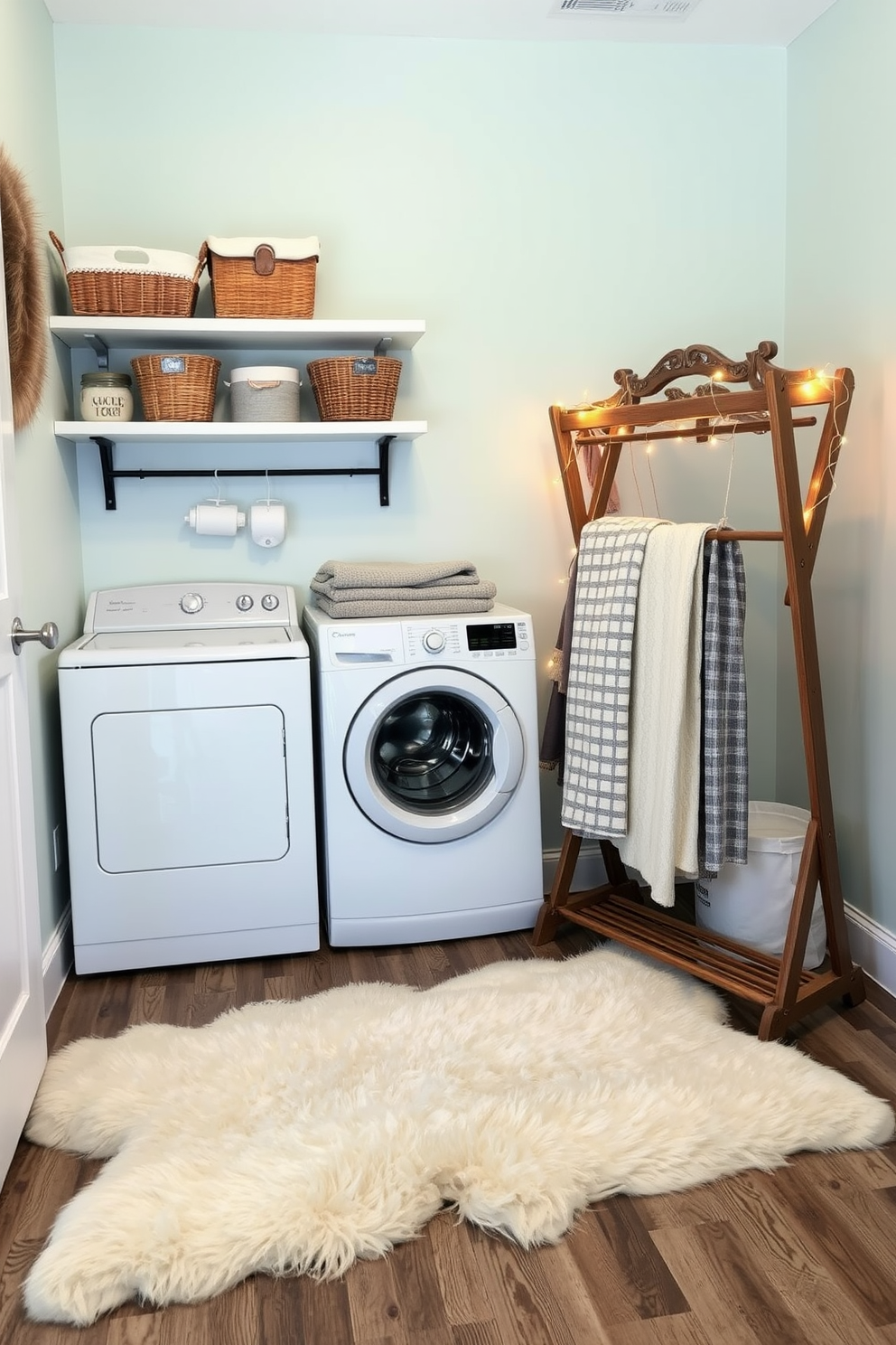 A cozy laundry room featuring faux fur accents throughout the space. The walls are painted in a soft pastel color, and a plush faux fur rug lies beneath a stylish folding table. A vintage wooden drying rack stands against the wall, adorned with delicate fairy lights. Shelves above the table are lined with decorative baskets filled with laundry essentials, adding a touch of charm.