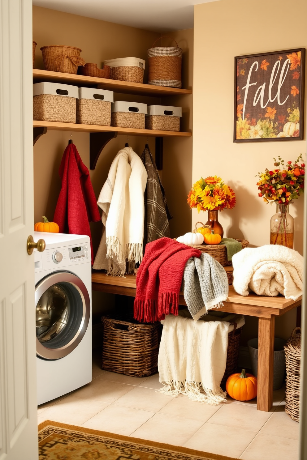 A cozy laundry room filled with warm throw blankets draped over a rustic wooden bench. The walls are painted in soft autumn hues, and decorative baskets are neatly arranged to hold laundry essentials. Incorporate seasonal elements like pumpkin-themed decor and vibrant fall foliage in vases. The space features functional shelving adorned with stylish storage containers and a cheerful wall art piece reflecting the spirit of fall.