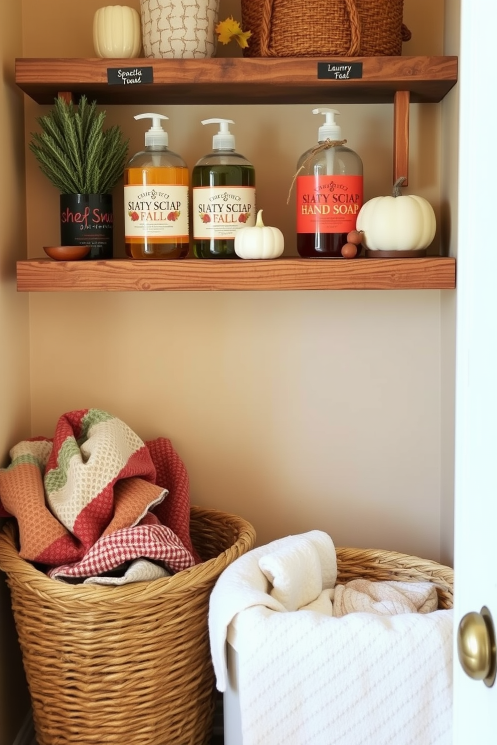 A cozy laundry room decorated for fall features seasonal dish soap and hand soap bottles displayed on a rustic wooden shelf. The walls are painted in a warm beige tone, and a woven basket filled with cozy throws sits in the corner, adding a touch of comfort to the space.