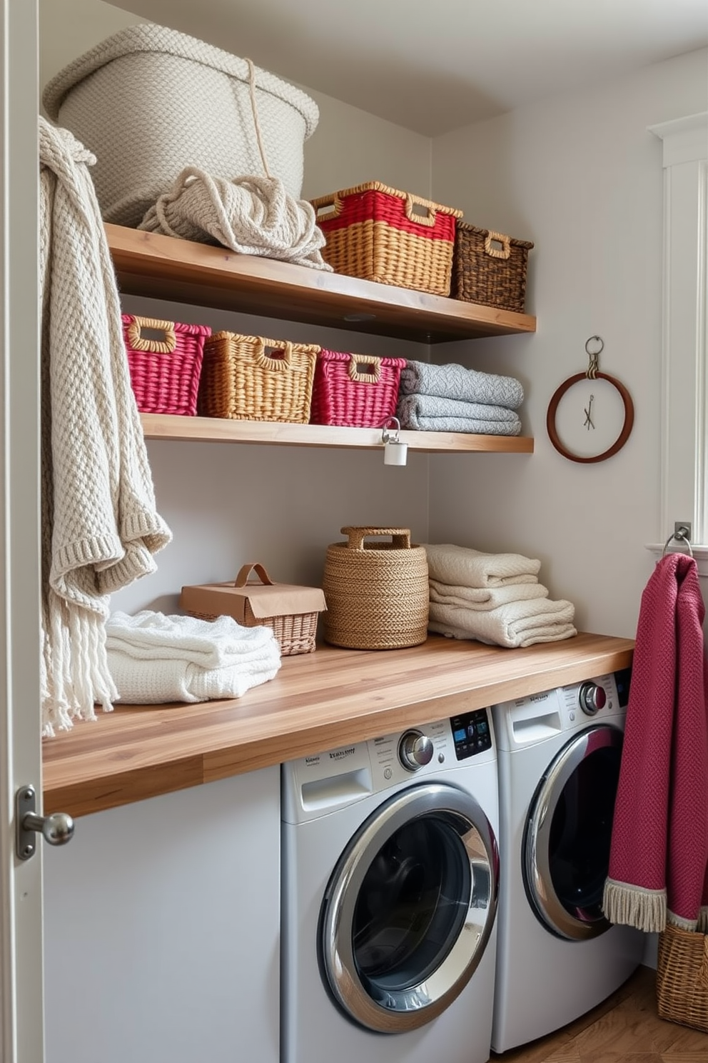 A cozy laundry room filled with layered textures featuring knit and woven items. Soft, neutral tones dominate the space, complemented by a rustic wooden countertop and open shelving displaying colorful baskets and neatly folded towels.