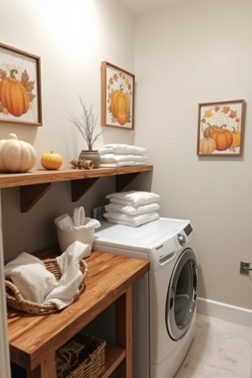 A cozy laundry room adorned with woven wall hangings in warm hues creates an inviting atmosphere. The walls are painted a soft cream, complementing the earthy tones of the textiles that add texture and warmth to the space. A functional yet stylish design features a spacious countertop for folding clothes and a basket for organizing laundry supplies. Decorative elements like potted plants and framed art enhance the overall aesthetic while maintaining practicality.