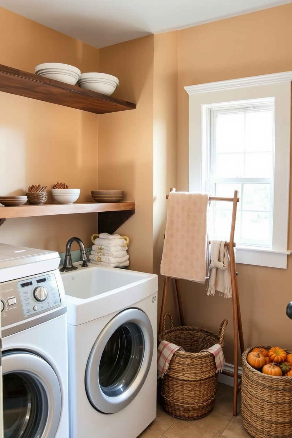 A cozy laundry room featuring decorative bowls filled with cinnamon sticks arranged on a wooden shelf. The walls are painted in a warm beige tone, and a rustic farmhouse sink is positioned beneath a window, allowing natural light to illuminate the space. A stylish drying rack made of reclaimed wood stands against one wall, complemented by neatly folded towels in soft autumn colors. A woven basket sits nearby, filled with seasonal decorations to enhance the fall theme.