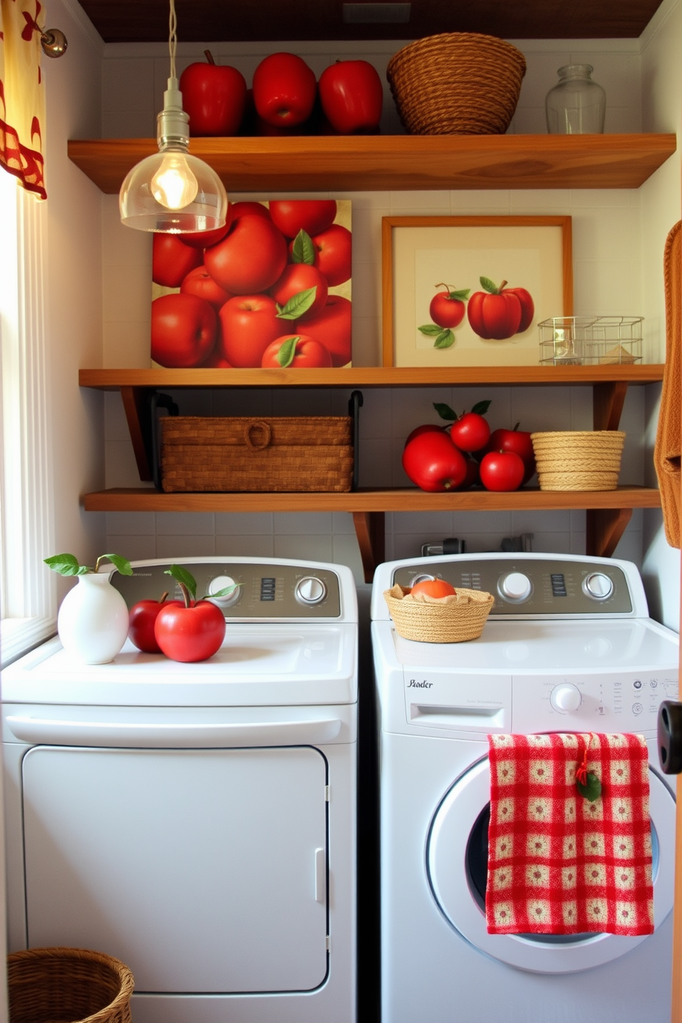 Crisp apple-themed decor elements create a fresh and inviting atmosphere. Incorporate bright red apple accents through accessories like cushions, wall art, and decorative bowls. Fall laundry room decorating ideas can transform a utilitarian space into a cozy retreat. Use warm colors, seasonal fabrics, and decorative storage solutions to enhance the inviting feel.