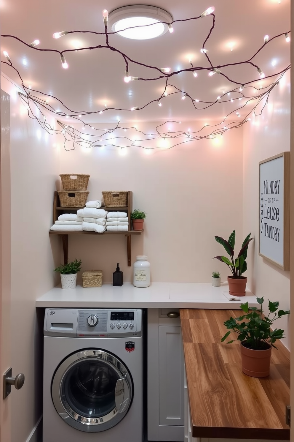 A cozy laundry room filled with soft lighting that creates a warm and inviting atmosphere. The walls are painted in a light pastel color, and a rustic wooden shelf holds neatly folded towels and decorative baskets. A stylish washer and dryer are tucked away behind a set of elegant sliding doors. A charming farmhouse sink sits beneath a window adorned with sheer curtains, allowing natural light to filter in gently.